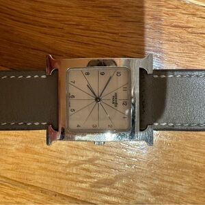 Hermès Square Silver and Brown Leather Watch